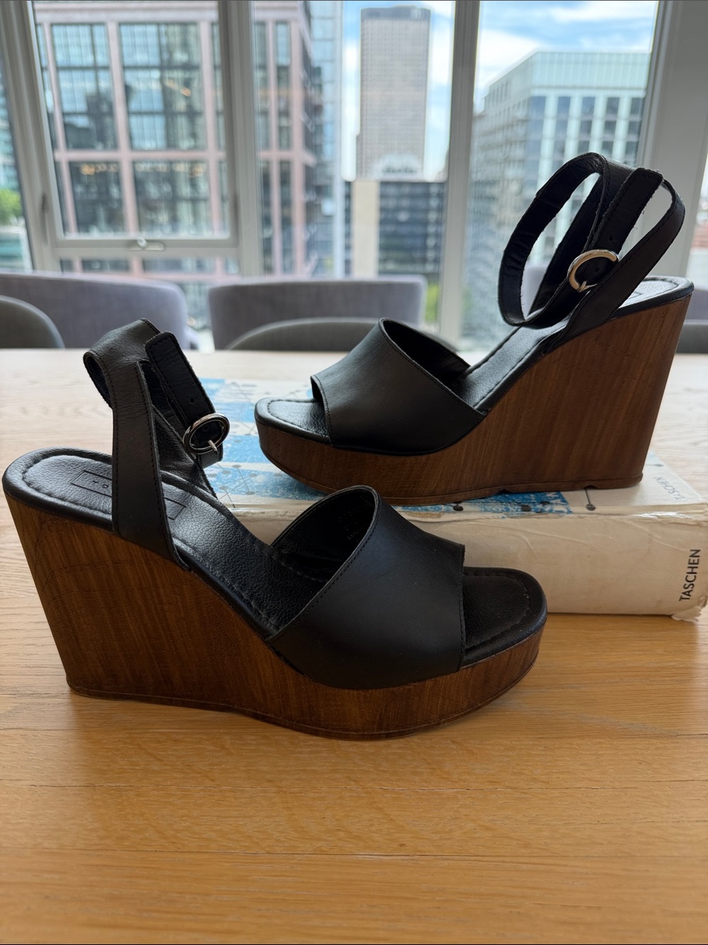Topshop Black Wedge Sandals with Ankle Strap Size 38